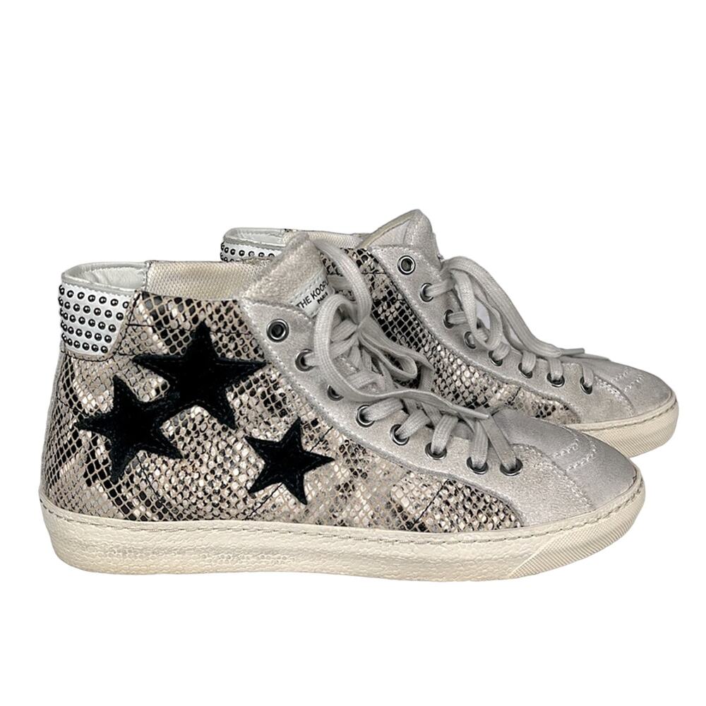 The Kooples Silver Snakeskin High-Top Sneakers with Black Star Accents